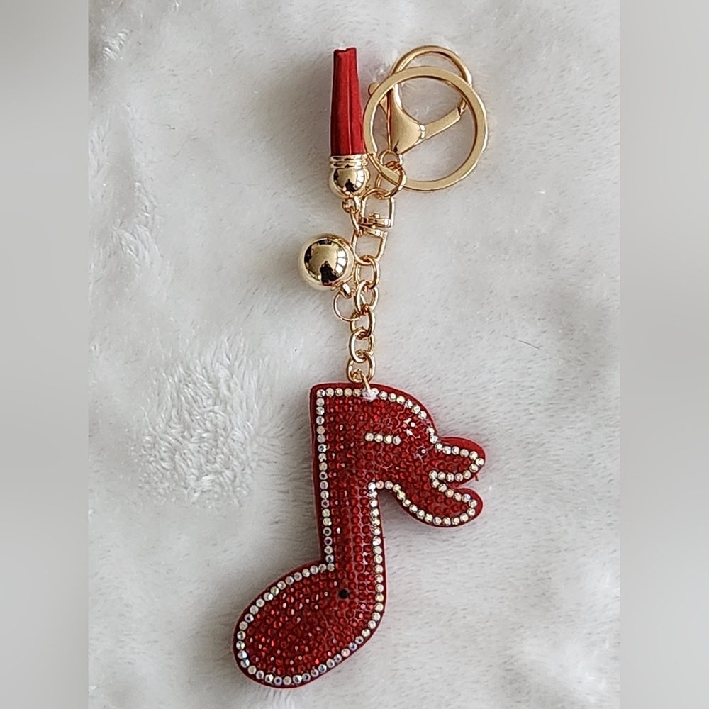 Musical Note Red Rhinestone Keychain with Silver Accents Bag Charm